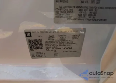 2020 GMC Sierra 1500 2Wd Short Box Elevation из США, поврежденный, VIN 3GTP8CED3LG438628